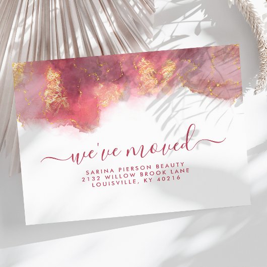 ピンクと金ゴールドの水色のインクの移動発表 案内ポストカード