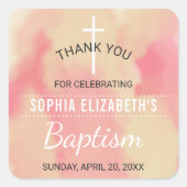 ピンクと金ゴールドの水色の女の子バプテスマありがとう スクエアシール (正面)