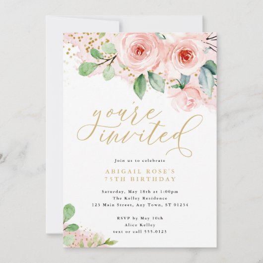 ピンクと金ゴールドの水色の花、招待されました 招待状 (正面)