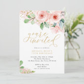 ピンクと金ゴールドの水色の花、招待されました 招待状 (スタンド正面)