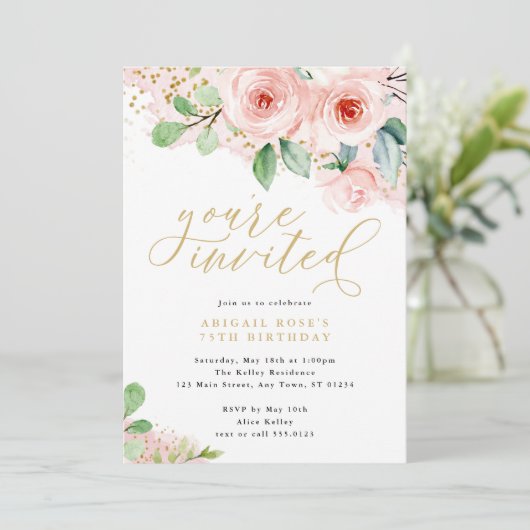 ピンクと金ゴールドの水色の花、招待されました 招待状 (スタンド正面)