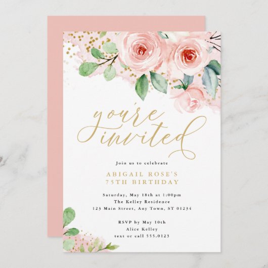 ピンクと金ゴールドの水色の花、招待されました 招待状 (正面/裏面)