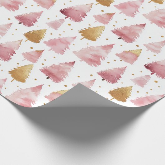 ピンクと金ゴールドの水色クリスマスツリーパターン ラッピングペーパー (角)