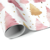 ピンクと金ゴールドの水色クリスマスツリーパターン ラッピングペーパー (ロールコーナー)