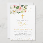 ピンクと金ゴールドの水色フローラバプテスマ 招待状 (正面)