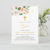 ピンクと金ゴールドの水色フローラバプテスマ 招待状 (スタンド正面)