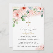 ピンクと金ゴールドの水色フローラ宗教洗礼 招待状 (正面)