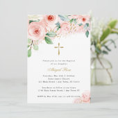 ピンクと金ゴールドの水色フローラ宗教洗礼 招待状 (スタンド正面)