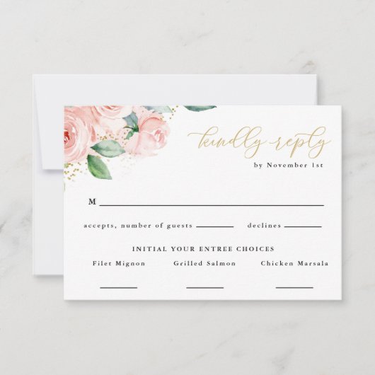 ピンクと金ゴールドの水色フローラ食品選択応答 出欠カード (正面)