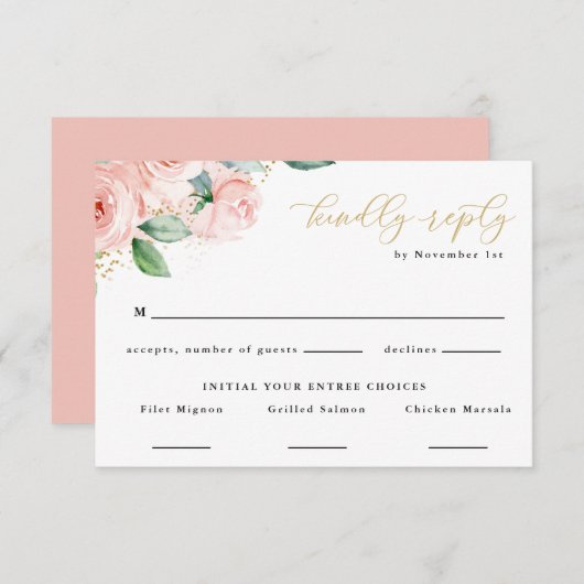 ピンクと金ゴールドの水色フローラ食品選択応答 出欠カード (正面/裏面)