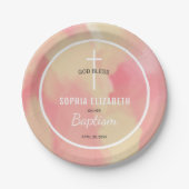 ピンクと金ゴールドの水色ベビーガールバプテスマ ペーパープレート (正面)