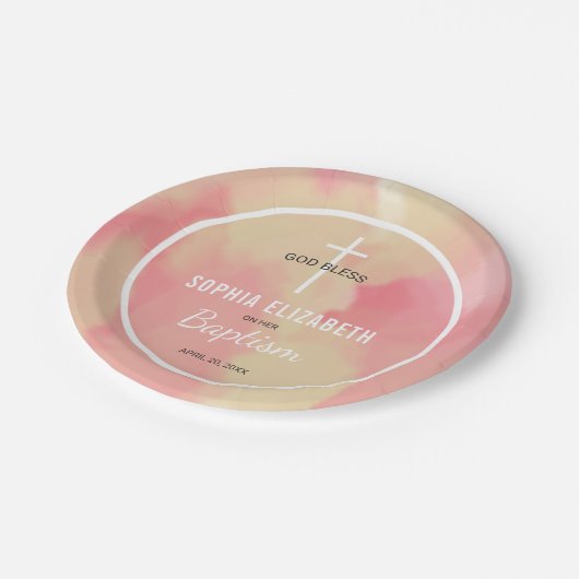 ピンクと金ゴールドの水色ベビーガールバプテスマ ペーパープレート (アングル)