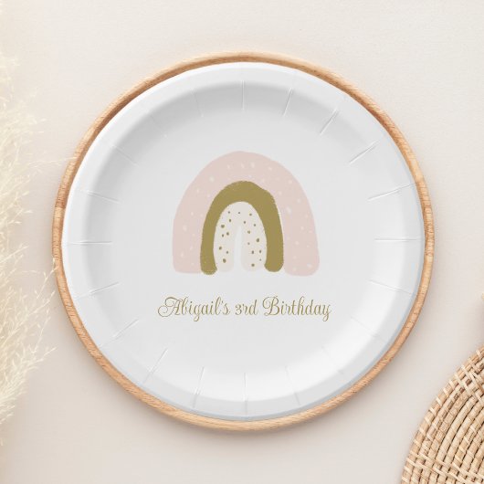 ピンクと金ゴールドの水色レインボーバースデーパーティー ペーパープレート