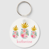 ピンクと金ゴールドの熱帯パイナップルパーソナライズされた キーホルダー (正面)
