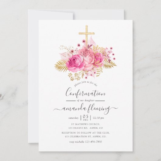 ピンクと金ゴールドの熱帯フローラの確認 招待状 (正面)