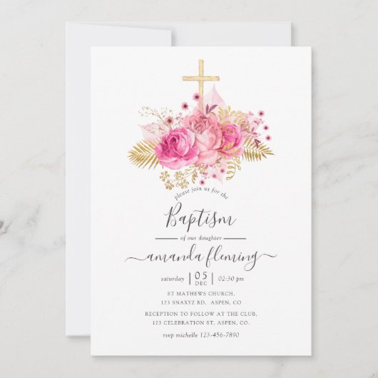 ピンクと金ゴールドの熱帯フローラバプテスマ 招待状 (正面)
