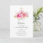 ピンクと金ゴールドの熱帯フローラバプテスマ 招待状 (スタンド正面)