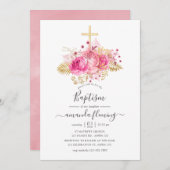 ピンクと金ゴールドの熱帯フローラバプテスマ 招待状 (正面/裏面)