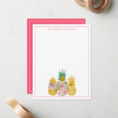 ピンクと金ゴールドの熱帯フローラパイナップル ノートカード (正面/裏面インサイチュ)