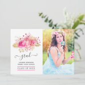 ピンクと金ゴールドの熱帯フローラ卒業写真 案内状 (スタンド正面)