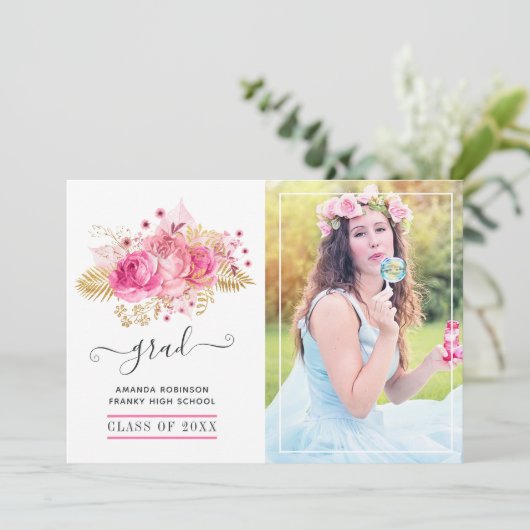 ピンクと金ゴールドの熱帯フローラ卒業写真 案内状 (スタンド正面)
