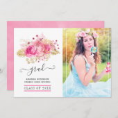 ピンクと金ゴールドの熱帯フローラ卒業写真 案内状 (正面/裏面)