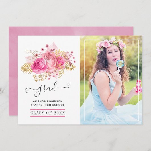 ピンクと金ゴールドの熱帯フローラ卒業写真 案内状 (正面/裏面)