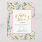 ピンクと金ゴールドの熱帯ベビーシャワー招待状 招待状 (正面/裏面)