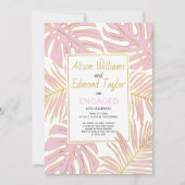 ピンクと金ゴールドの熱帯葉婚約パーティ 招待状 (正面)