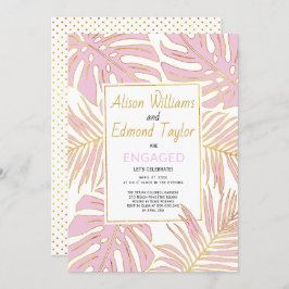ピンクと金ゴールドの熱帯葉婚約パーティ 招待状