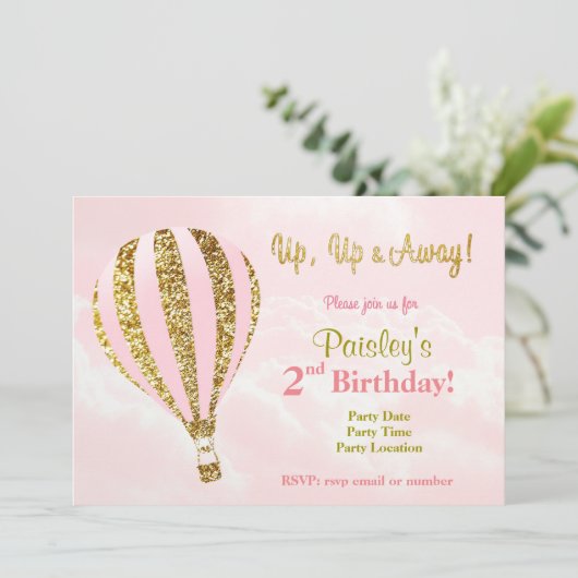 ピンクと金ゴールドの熱気球の誕生日の招待状 招待状 (スタンド正面)