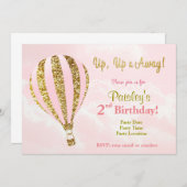 ピンクと金ゴールドの熱気球の誕生日の招待状 招待状 (正面/裏面)