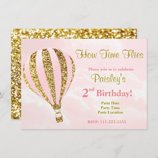 ピンクと金ゴールドの熱気球 招待状 (正面/裏面)