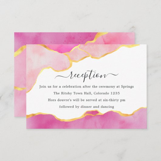 ピンクと金ゴールドの瑪瑙のウェディングレセプション エンクロージャーカード (正面/裏面)