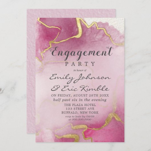 ピンクと金ゴールドの瑪瑙の水カラー婚約パーティI 招待状 (正面/裏面)