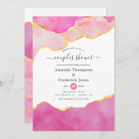 ピンクと金ゴールドの瑪瑙カップルのシャワー 招待状 (正面/裏面)