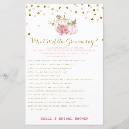ピンクと金ゴールドの秋ブライダルシャワーゲーム，カボチャ (正面)