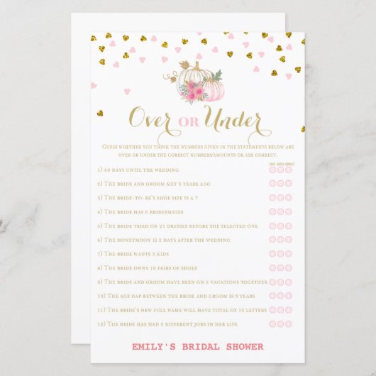 ピンクと金ゴールドの秋ブライダルシャワーゲーム，カボチャ (正面/裏面)