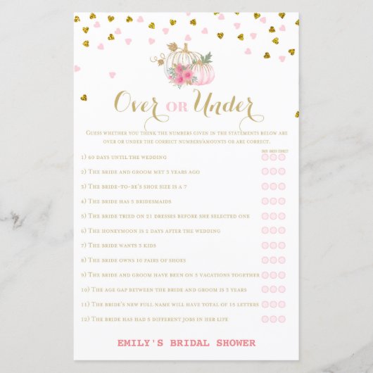 ピンクと金ゴールドの秋ブライダルシャワーゲーム，カボチャ (正面)