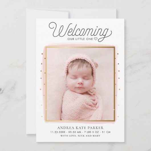 ピンクと金ゴールドの紙吹雪写真の生誕発表 案内状 (正面)