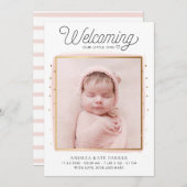 ピンクと金ゴールドの紙吹雪写真の生誕発表 案内状 (正面/裏面)