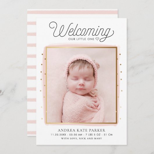 ピンクと金ゴールドの紙吹雪写真の生誕発表 案内状 (正面/裏面)