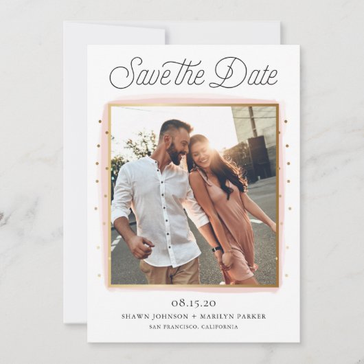 ピンクと金ゴールドの紙吹雪写真Save the Date Card セーブザデート (正面)