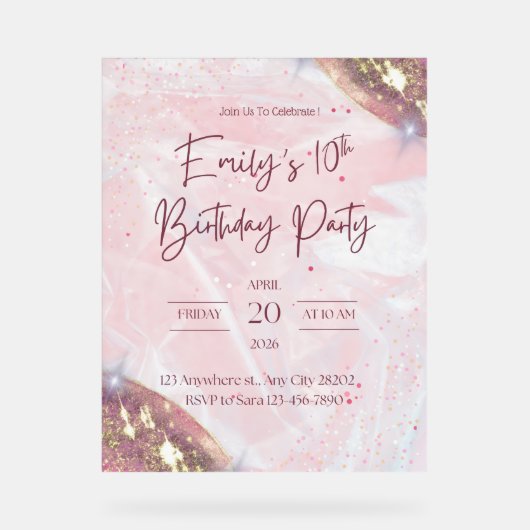 ピンクと金ゴールドの紙吹雪誕生日パーティーへの招待 アクリルサイン (正面)
