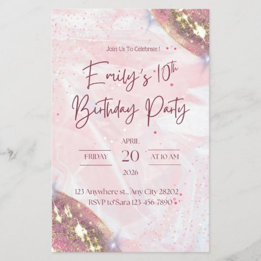 ピンクと金ゴールドの紙吹雪誕生日パーティーへの招待 チラシ (正面)