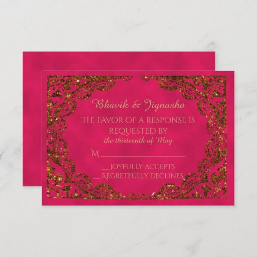 ピンクと金ゴールドの結婚インディアンの応答カード 出欠カード (正面/裏面)