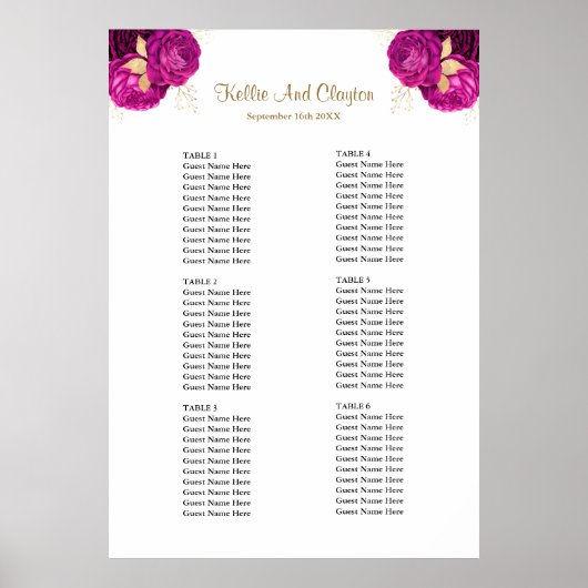 ピンクと金ゴールドの結婚フローラの座席表 ポスター (正面)