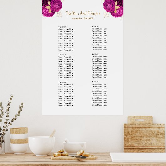 ピンクと金ゴールドの結婚フローラの座席表 ポスター (キッチン)