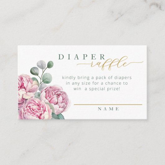 ピンクと金ゴールドの緑のフローラおむつラッフルカードf エンクロージャーカード (正面)