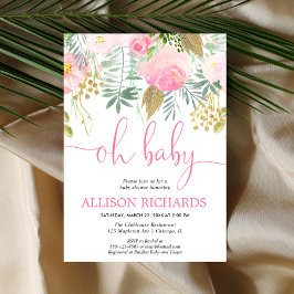 ピンクと金ゴールドの緑のフローラ女の子の赤ちゃんシャワー 招待状